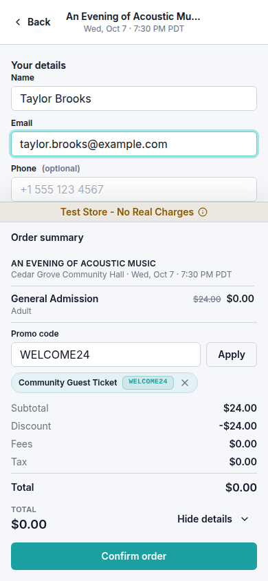 Ticket checkout showing an applied promo code, its discount, and a zero total.