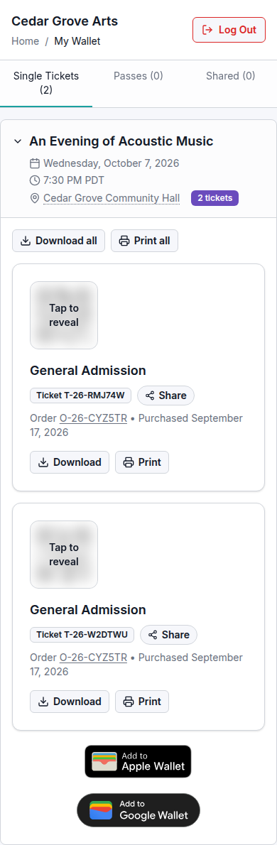 Mobile wallet with two separate ticket cards, each showing a Tap to reveal cover, an order reference, and Download and Print buttons.